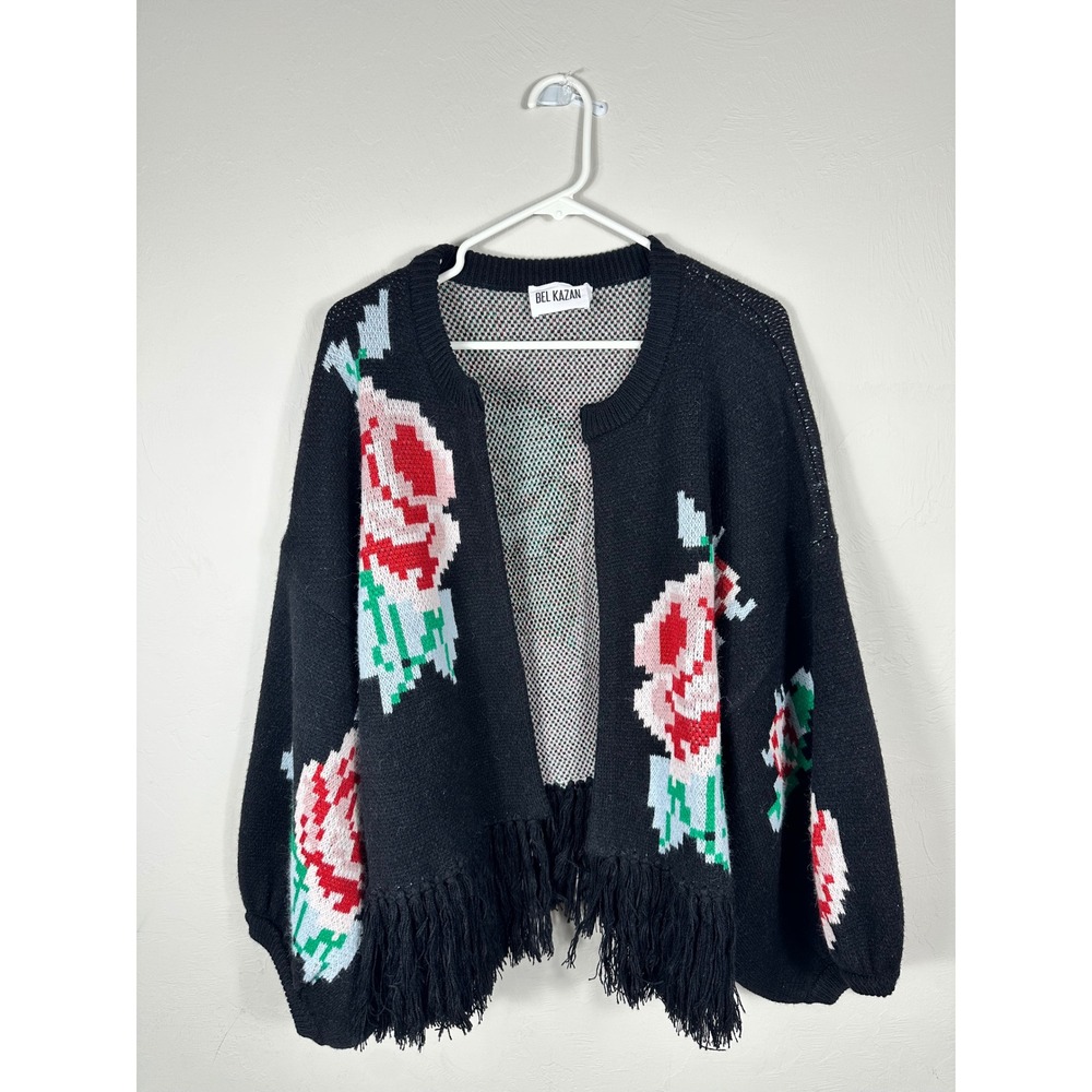 Bel Kazan Knit Cardigan Open Front Floral Rose Fringe Hem Black Statement‎
